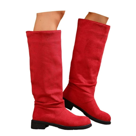 Shadouami Women Knee High Boots Block Low Heel Suede Pointed Toe Wide Calf Boots Pull on Dress Fall Winter Fashion Shoes Size 4-15 US