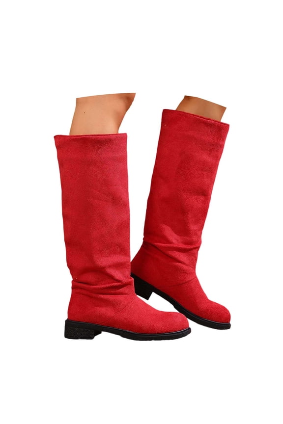 Shadouami Women Knee High Boots Block Low Heel Suede Pointed Toe Wide Calf Boots Pull on Dress Fall Winter Fashion Shoes Size 4-15 US