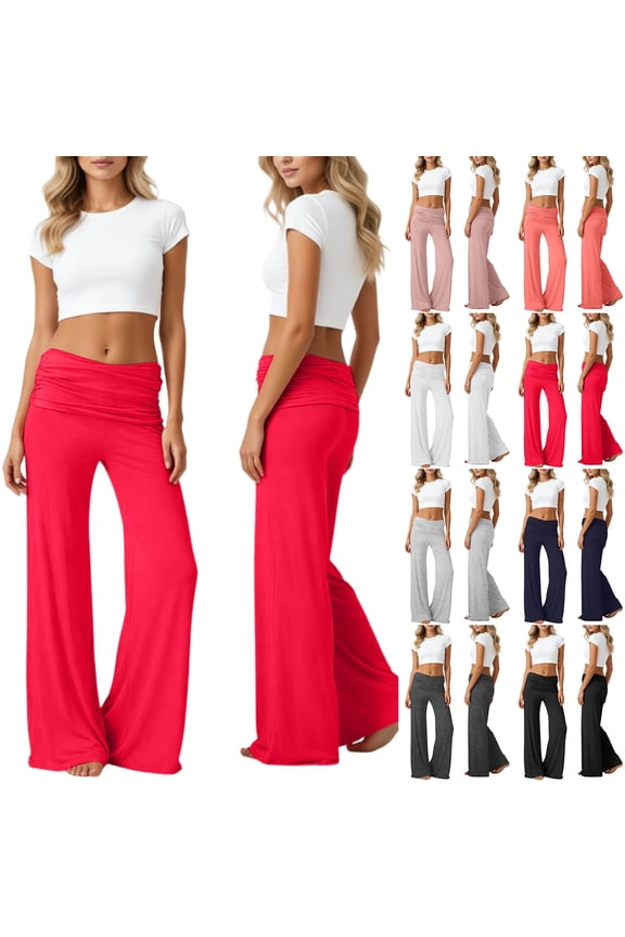 2026 Coral Fold Over Yoga Pants, On-Trend Solid Wide Leg Loose Fit Lounge Pants with Ruched Waist, for Yoga Sports Everyday