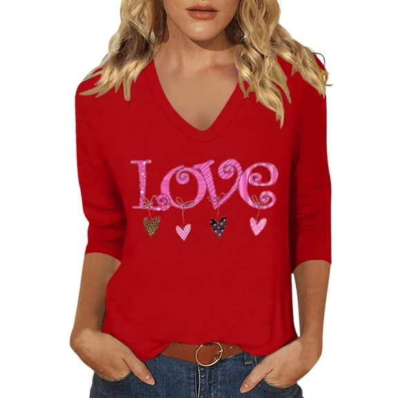 Shadoumai 3/4 Sleeve Valentine's Shirts for Women Love Heart XOXO Cute Graphic T Shirts Casual Spring Day Tops Tee