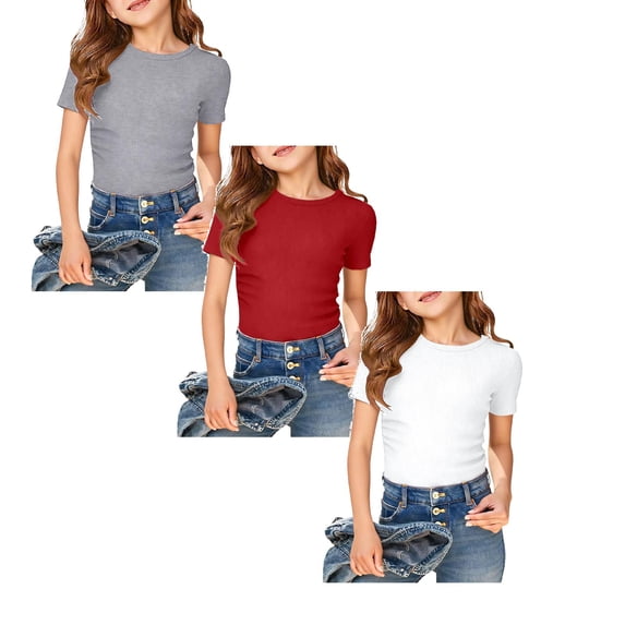 Shadoumai 3 Pack Girls' Short Sleeve T-Shirts Kids Ribbed Soft Tees Crew Neck Slim Basic Tops Solid Color 5-14 Years