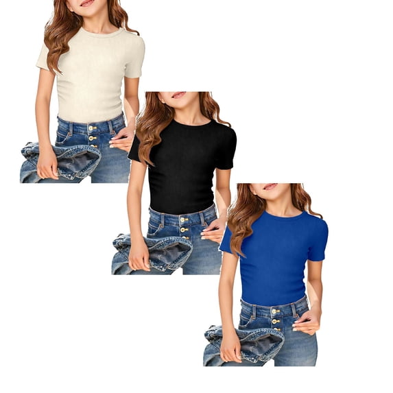 Shadoumai 3 Pack Girls' T Shirts Short Sleeve Tees Crew Neck Ribbed Tops Lettuce Trim Cute Basic Solid Tees for 5-14Y