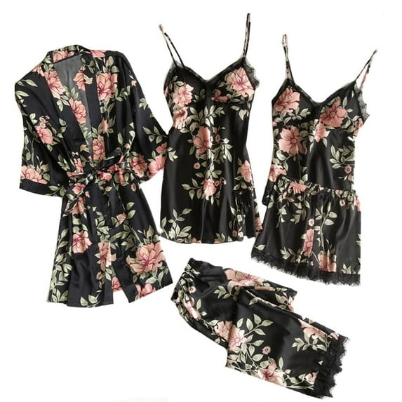 Shadoumai 3 Piece Floral Pajama Set For Women Silk Satin Printed Cami Tops and Pants Set with Robe Sleepwear Loungewear Pj Sets