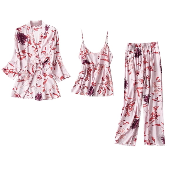 Shadoumai 3 Piece Floral Pajama Set For Women Silk Satin Printed Cami Tops and Pants Set with Robe Sleepwear Loungewear Pj Sets