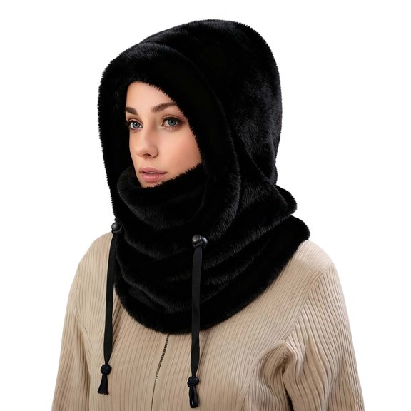 Shadoumai 3 in 1 Beanie Hat for Women, Womens Balaclava Winter, Cold Knitted Hats Wind Resistant Hooded Scarf, Thick Plush-Lined