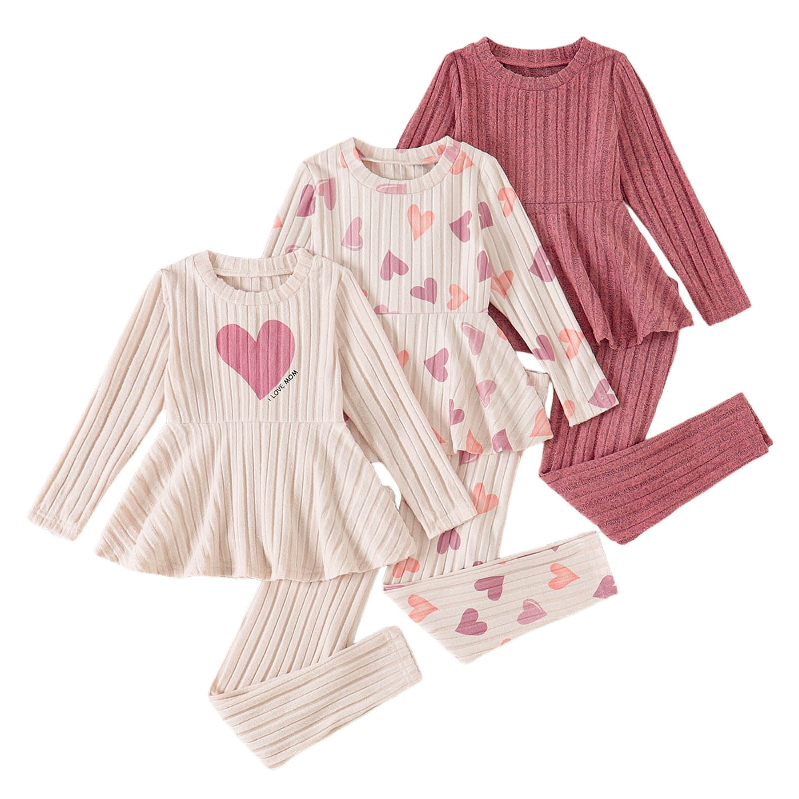 Shadoumai 3PC Toddler Baby Girls Clothes Fall Winter Ribbed Top Little Kids Girl Outfits Love Heart Flare Pants 2T 3T 4T