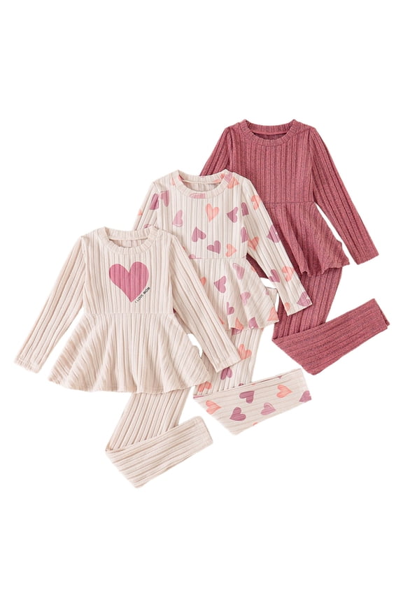 3PC Toddler Baby Girls Clothes Fall Winter Ribbed Top Little Kids Girl Outfits Love Heart Flare Pants 2T 3T 4T