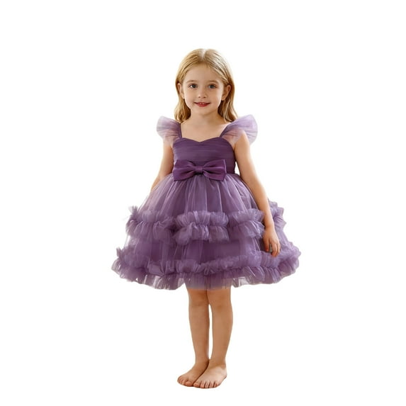 Shadoumai 5T Dresses for Girls Formal Party Dress with Tiered Bow Skirt and Flutter Sleeves for Performance Tutu Gown Occasions