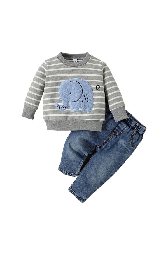 Adorable Baby Boy Elephant Print Long Sleeve Top and Denim Pants Soft Casual Play Outfit for Toddler Autumn Winter