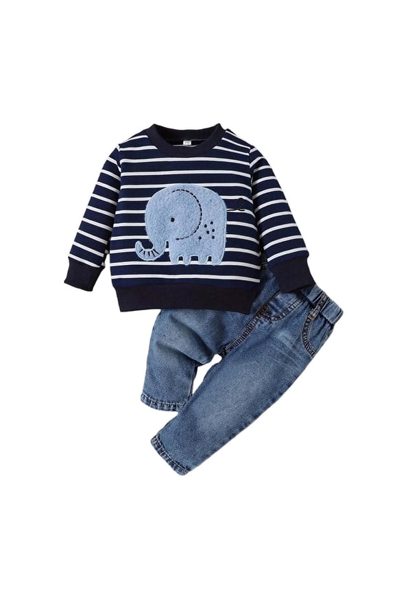 Adorable Baby Boy Elephant Print Long Sleeve Top and Denim Pants Soft Casual Play Outfit for Toddler Autumn Winter