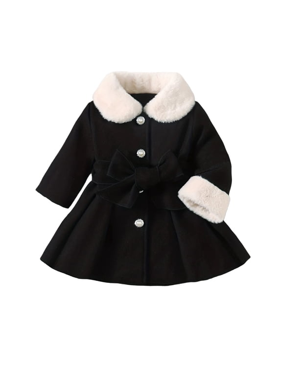 Adorable Hooded Bow Trench Coat for Girls Mid Length Warm Outerwear Autumn Winter Jacket Fits 6 Months to 3 Years