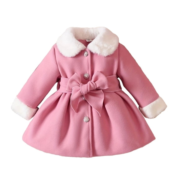 Shadoumai Adorable Hooded Bow Trench Coat for Girls Mid Length Warm Outerwear Autumn Winter Jacket Fits 6 Months to 3 Years