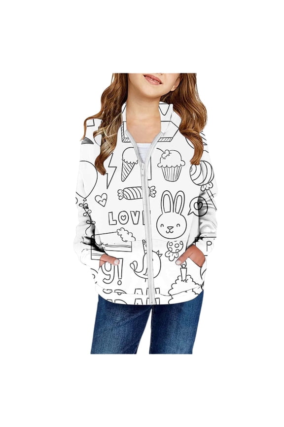 Back To School Clothes For Girls Girls Hooded Cardigan Coat With Diy Hand Painted Patch Pocket Zipper For Children Stylish Warm Outerwear