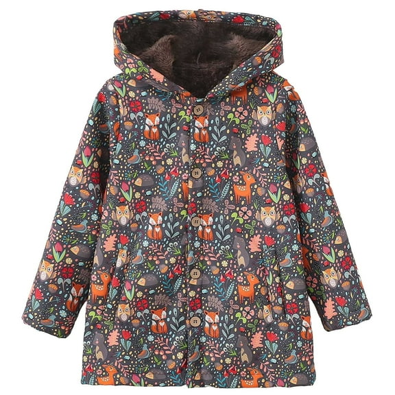 Shadoumai Back To School Clothes Girls Winter Hooded Jacket Toddler Windproof Thicken Coat Warm Printed Outwear For Kids 1-6 Years