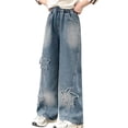 thumbnail image 1 of Shadoumai Back To School Toddler Girls High Elastic Waist Flare Pants Leg Casual Long Wide Leg Baggy Jeans Comfortable Trousers for Play, 1 of 7