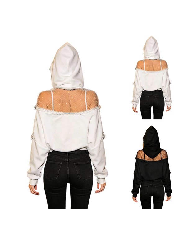 Backless Mesh Hoodie For Women Sexy Back Sequin See Through Fishnet Pullover Tops Streetwear Long Sleeve Open Back Hoodies