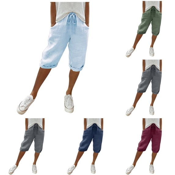Shadoumai Bermuda Shorts for Women Knee Length Drawstring Elastic Waist Linen Shorts Casual Summer Pedal Pushers with Pockets