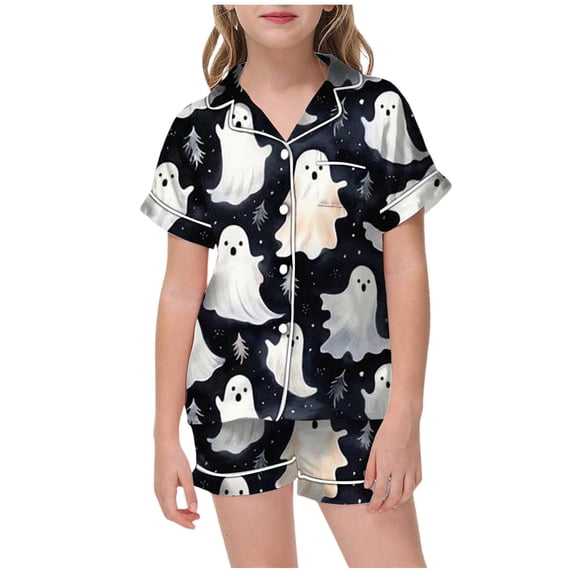 Shadoumai Big Satin Halloween Pajamas Button Down Pjs Cute Graphic Print Button Down Short Sleeve Shirts and Shorts Nightwear Set Silk 2-Piece Loungewear 2 Piece Outfits for