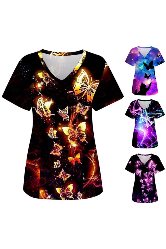Bow Printed Scrub Tops Women Short Sleeve V Neck Plus Size Scrubs For Womens Nursing Uniforms Shirts With Pockets