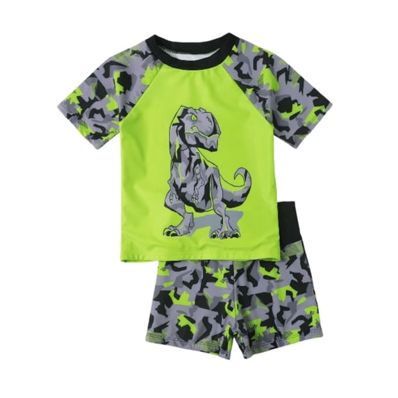 Shadoumai Boy Dinosaur Print Raglan Swimsuit Toddler Short Sleeved Rashguard Swim Bathing Suit Set