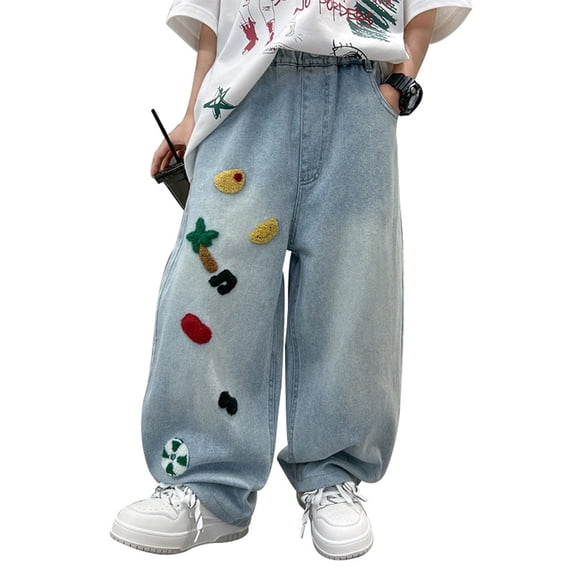 Shadoumai Boys Baggy Jeans Straight Leg Jeans With Pockets Elastic Waist Distressed Ripped Denim Pants With Holes