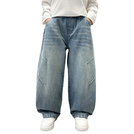 Shadoumai Boys Baggy Jeans Straight Leg Jeans With Pockets Elastic Waist Distressed Ripped Denim Pants With Holes