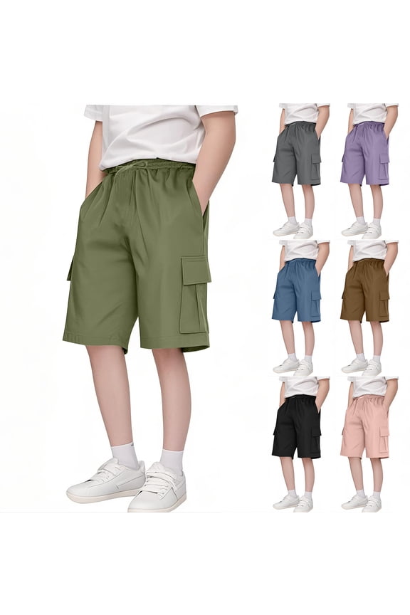 Boys Cargo Shorts Loose Casual Solid Drawstring Long Bermuda Shorts Knee Length Wide Leg Short Pants with Pockets