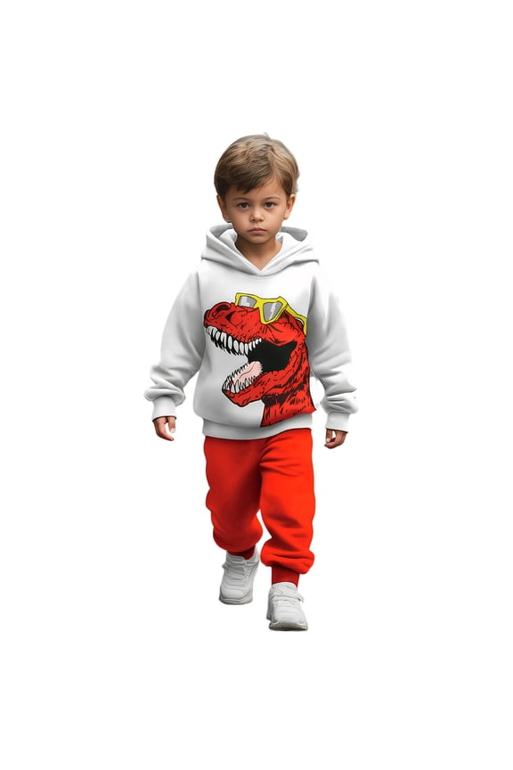Boys Dinosaur Print Hooded Sweatshirt And Jogger Pants Warm Lined Casual Athletic Play Outfit For Kids