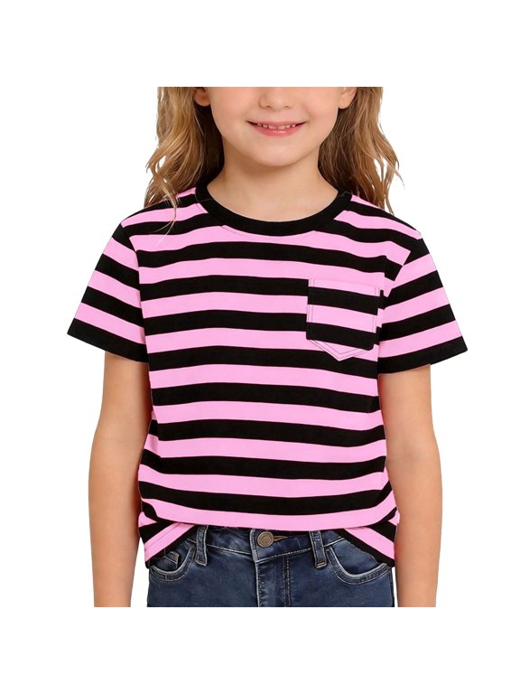 Boys Girls Summer Striped Pocket T-Shirt Comfortable Casual Play Daily Wear Kids Top