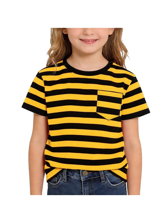 Boys Girls Summer Striped Pocket T-Shirt Comfortable Casual Play Daily Wear Kids Top