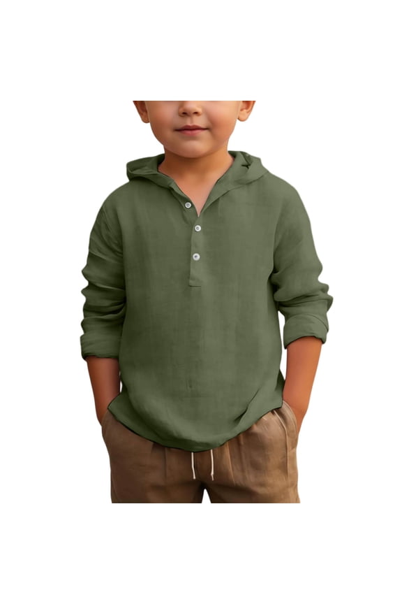 Boys Linen Shirt Long Sleeve Half Button Down Hooded Shirts Lightweight Summer Beach Tee Tops Kids Cotton Linen Hoodie
