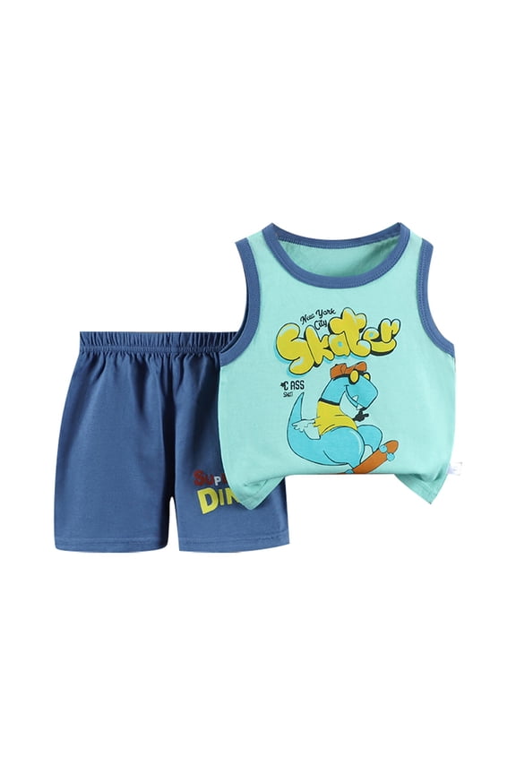 Boys Summer Clothes Dinosaur Train Crew Neck Short Sleeved T Shirt Set Casual Holiday T Shirt Short Pants 2 Piece Suit Summer Kids 2 Piece Outfits Boys