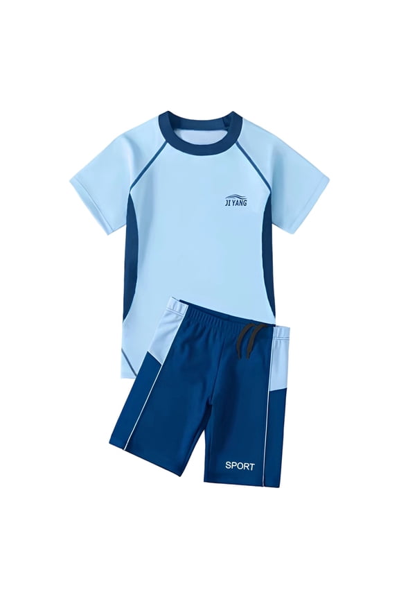 Boys Swimwear Set Short Sleeve Round Neck Printed Swim Shorts For Pool Beach Summer Activities Comfortable Elastic Fabric