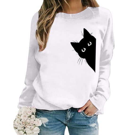 Shadoumai Cat Graphic Sweatshirts For Women Cute Print Sweatshirt Funny Long Sleeve Pullover Lightweight Hoodie Fall Winter Tops