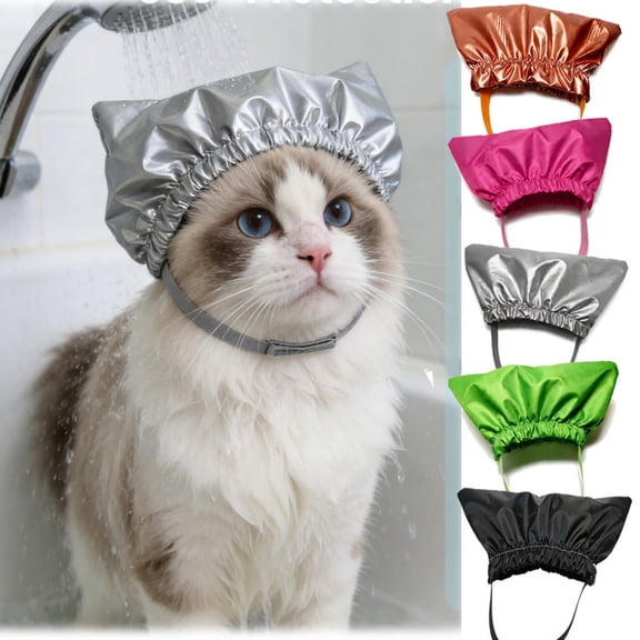 Shadoumai Cat Shower Cap for Bathing and Swimming, Waterproof Cat Ear Cover for Grooming, Adjustable Pet Bath Hat for Ear Protection, Lightweight Reusable Kitten Headwear (Silver, S)