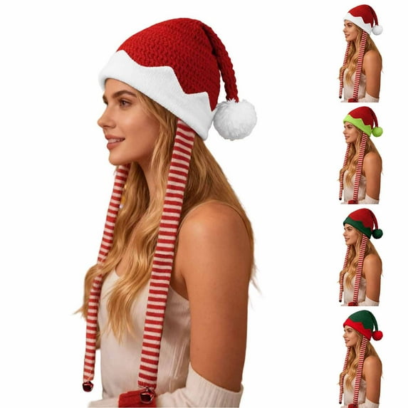 Shadoumai Christmas Elf Hat with Long Tail Stretchy Knitted Santa Beanie Women Men Festive Xmas Party Cap for Holiday