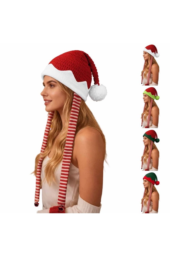 Christmas Elf Hat with Long Tail Stretchy Knitted Santa Beanie Women Men Festive Xmas Party Cap for Holiday