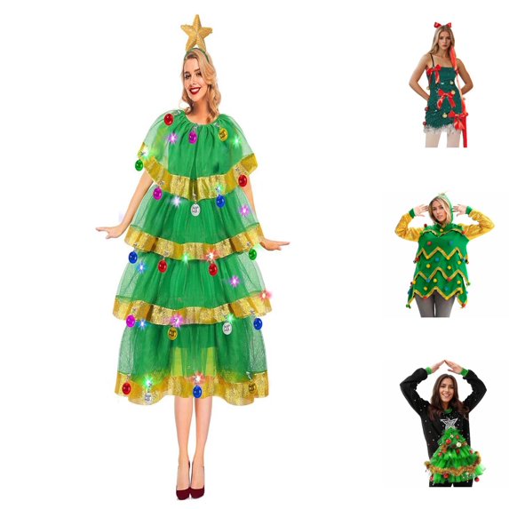 Shadoumai Christmas Tree Dress Women,Christmas Tree Dress Onesie Set with Light Funny Xmas Outfits Covers for Women