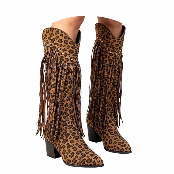 Shadoumai Cowboy Boots for Women - Cowgirl Boots with Leopard Pointed Toe Western Boot Heel Calf Botas Vaqueras Stylish Low Block Heel Platform with Zipper Closure