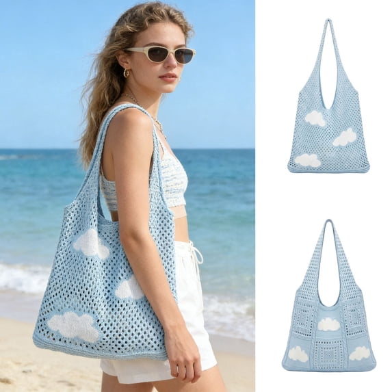 Shadoumai Crochet Beach Tote Bag, Mesh Tote Bag Hippie Bag Knit Bag, Summer Beach Bag for Women