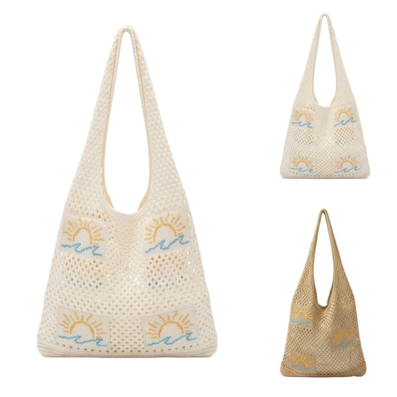 Shadoumai Crochet Beach Tote Bags, Stylish Mesh Beach Bags Shoulder Bag for Women, Cute Summer Vacation Boho Tote Bag