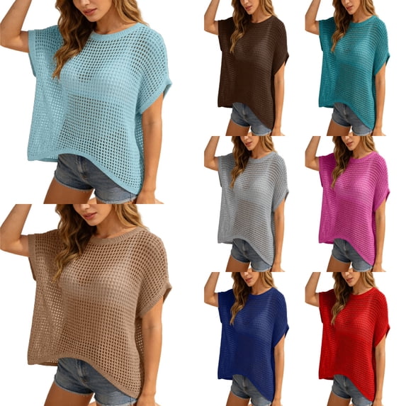 Shadoumai Crochet Knit Tops for Women Hollow Out Summer Scoop Neck Short Sleeve Sweaters Casual Plus Size Pullover Shirts Beach Coverup