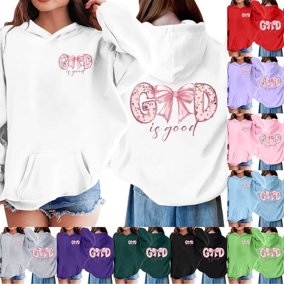 Shadoumai Cute Christian Hoodies for Girls Bow God Is Good Sweatshirt Kawaii Jesus Graphic Hoodie Bible Verse Cotton Pullover