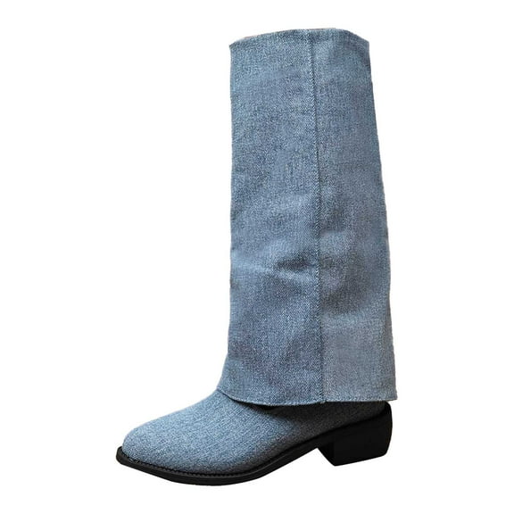 Shadoumai Denim Boots For Women Jeans Fold Retro Square Toe Knee High Rhinestone Stiletto High Heel Dress Boot