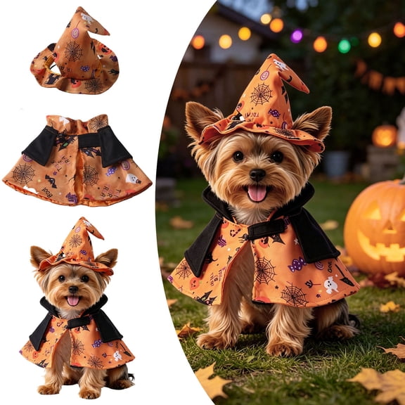 Shadoumai Dog Halloween Costumes,Halloween Style Dog Collar with Bells and Wizard's Hat Set,Halloween Pumpkin Pattern Pet Costume for Dogs Wearing Orange,Dog Halloween Clothes