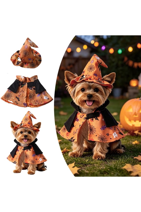 Dog Halloween ,Halloween Style Dog Collar with Bells and Wizard's Hat Set,Halloween Pumpkin Pattern Pet for Dogs Wearing Orange,Dog Halloween Clothes