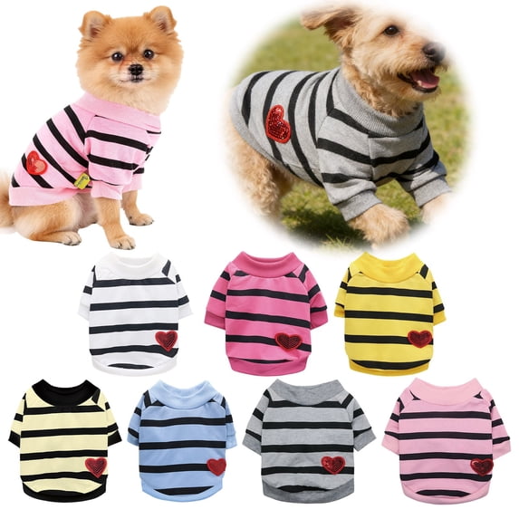 Shadoumai Dog Shirts for Small Dogs Summer Basic T-Shirt Striped Puppy Clothes Sequins Love Heart Sweatshirt Soft Short Sleeve Tee Shirt Pet Clothing Pullover Chihuahua Apparel S