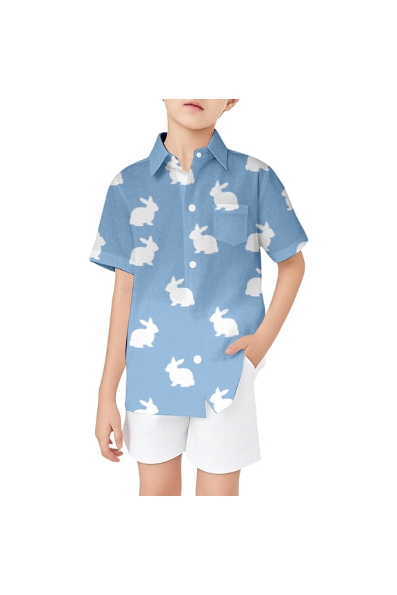 Easter Bunny Print Boys Short Sleeve Button Down Shirt With Stand Collar And Chest Pocket For Holiday