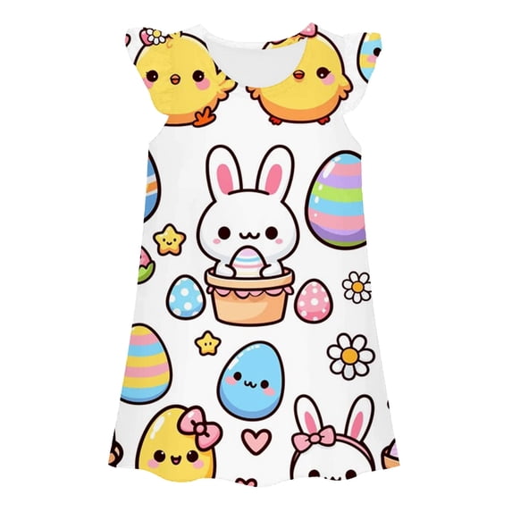 Shadoumai Easter Day Dresses Toddler Happy Easter Rabbit Tops Egg Flutter Sleeve Oversized Comfy Holiday Beach Dress Flower Summer Dresses for Girl