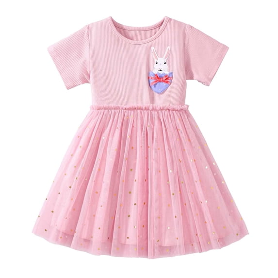Shadoumai Easter Dresses Girls Size 8 Easter Day Cartoon Rabbit Flutter Sleeve Cozy Layered Rainbow Tutu Skirt Toddler Girl Spring Dress